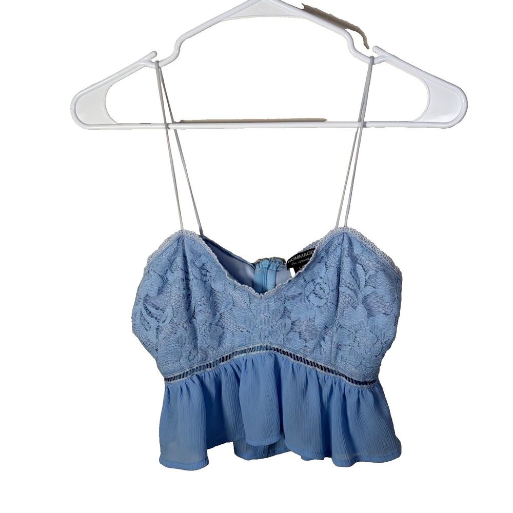 Hommage from Los Angeles Tank Top Women's Small Blue Lace Crop Cami Cottage